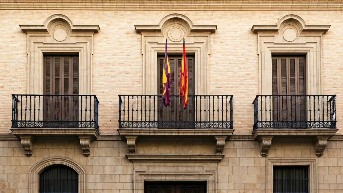 Façana de l'ajuntament de Benicàssim amb balcó i baranes de ferro, il·luminada pel sol de la vesprada.