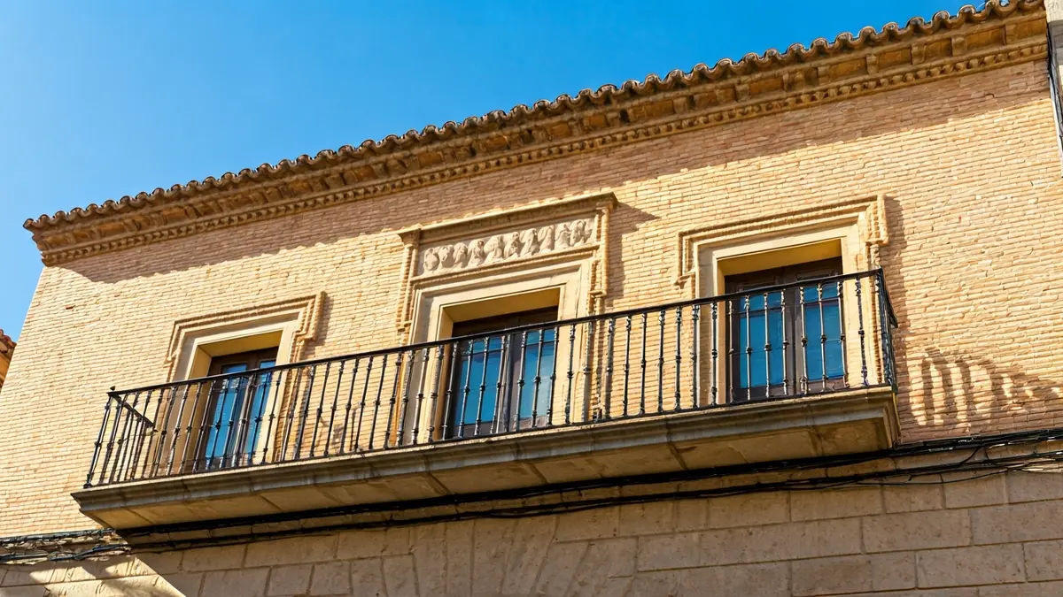 Façana de l'ajuntament de Benicàssim amb balcó ornamentat i baranes de ferro, il·luminada pel sol de la vesprada.