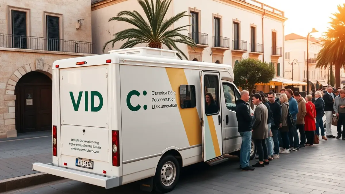 Image of a mobile documentation vehicle providing service in a Mediterranean urban setting.