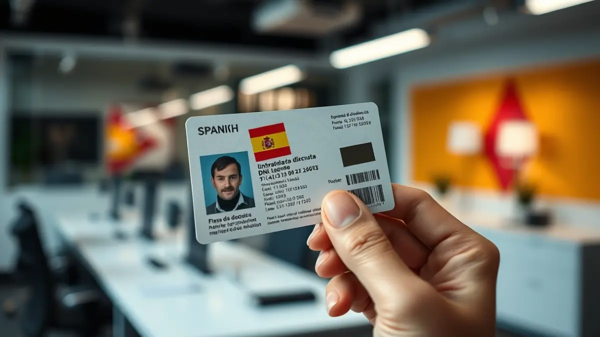 Imatge genèrica d'una mà sostenint un DNI espanyol, amb un fons d'oficina desenfocat.