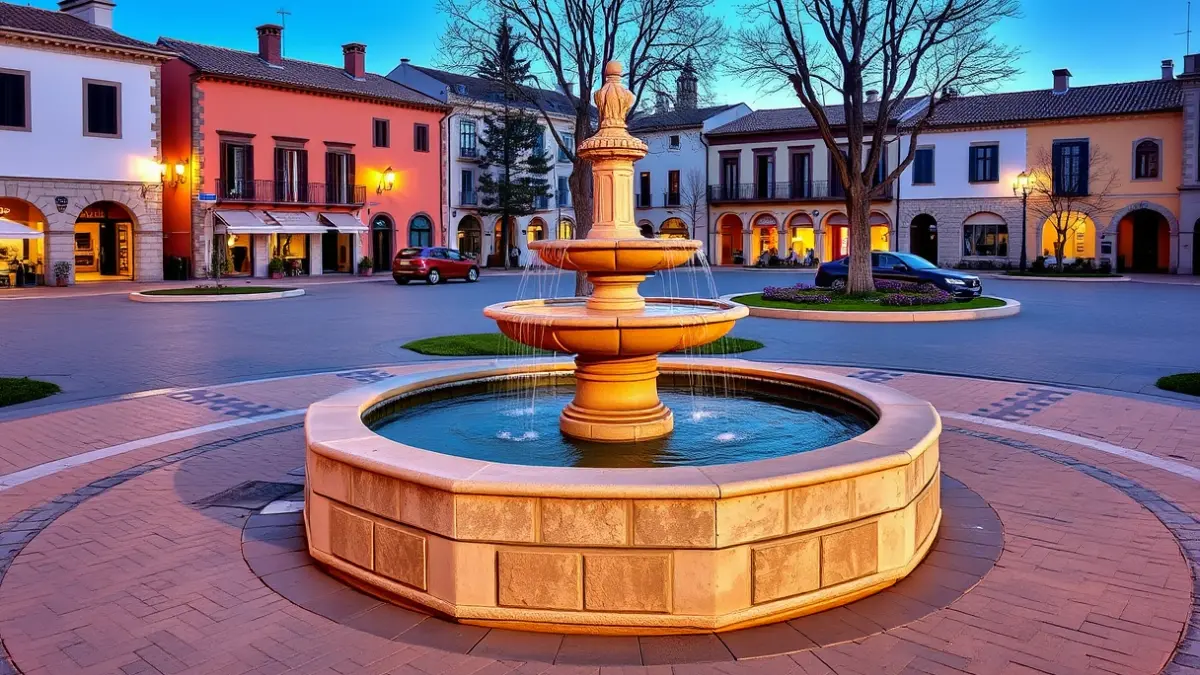 Image of the Fuente del Señor in Benicàssim after its restoration, with the square renovated and illuminated.