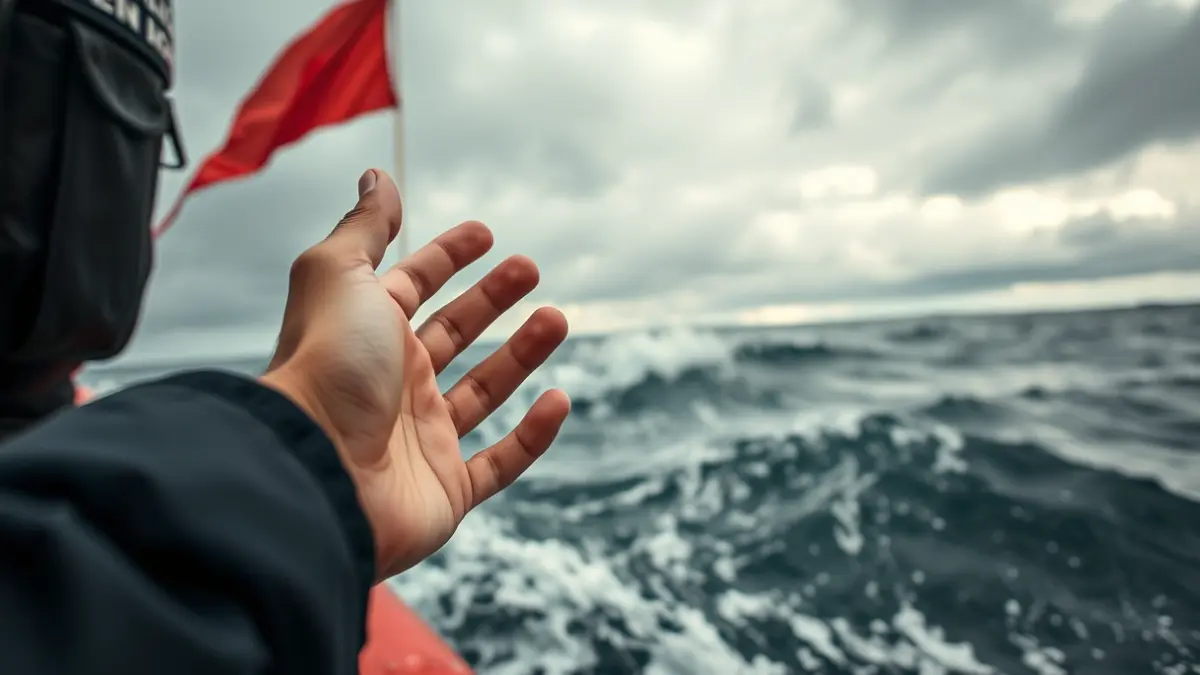 Imagen de un agente de policía extendiendo la mano en condiciones de mar adversas, con bandera roja, en una operación de rescate.