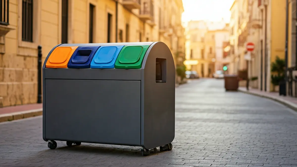 Generic image of modern recycling containers in an urban setting.