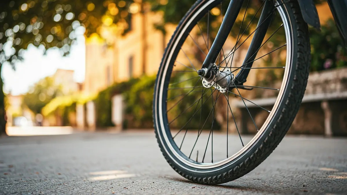 Imagen genérica de una rueda de bicicleta en un camino pavimentado, con vegetación y edificios desenfocados al fondo, bajo la luz del sol.