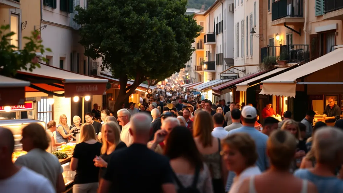 Imagen genérica de un festival callejero con música y gastronomía en una ciudad mediterránea.