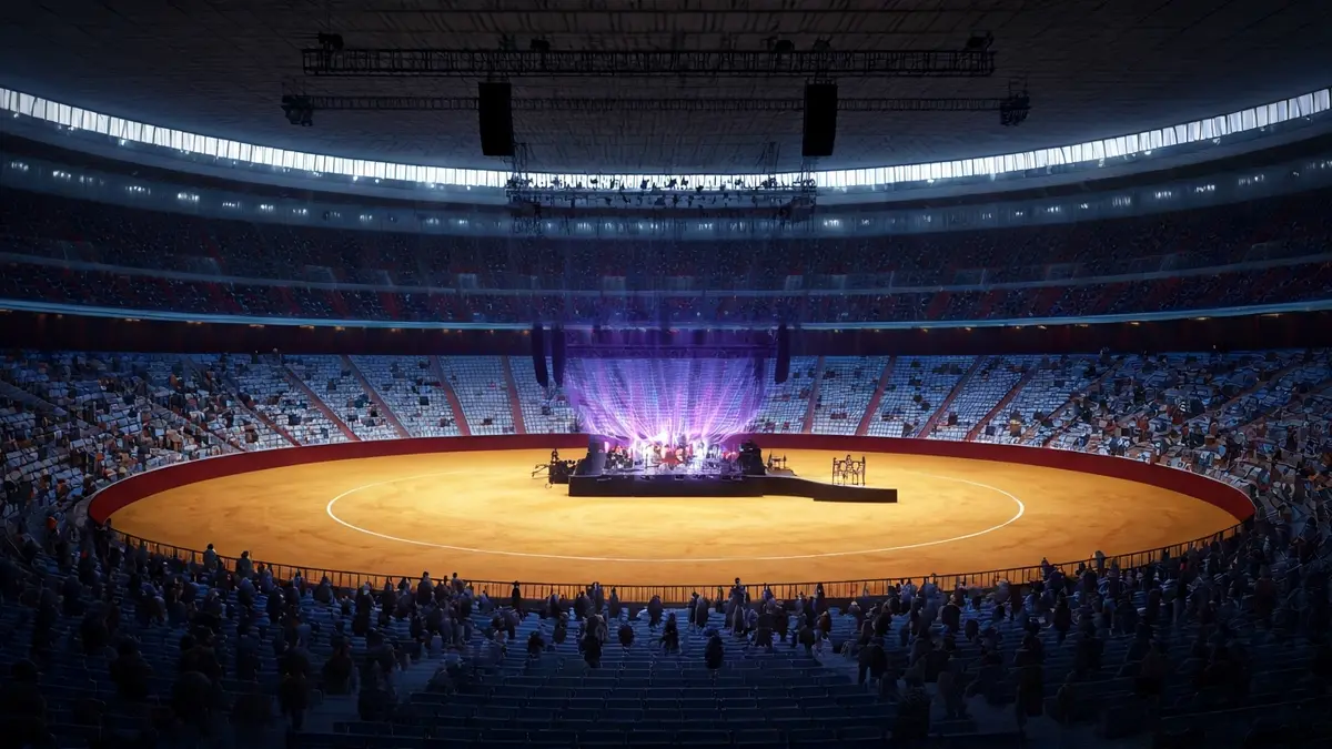 Image of a modern multifunctional space, with a stage for cultural events and vibrant lighting.