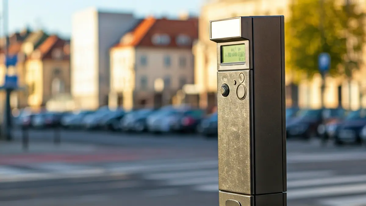 Generic image of a modern parking meter in an urban setting.