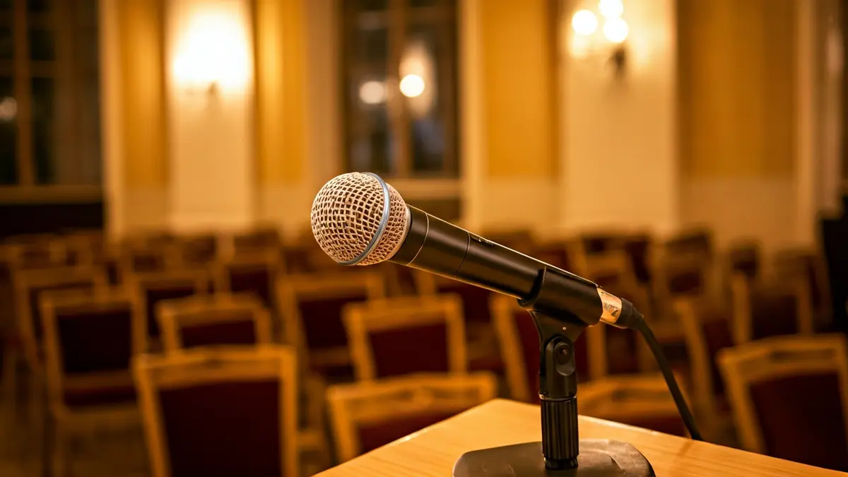 Imatge genèrica d'un micròfon en un podi, amb cadires buides al fons, suggerint un recital de poesia.