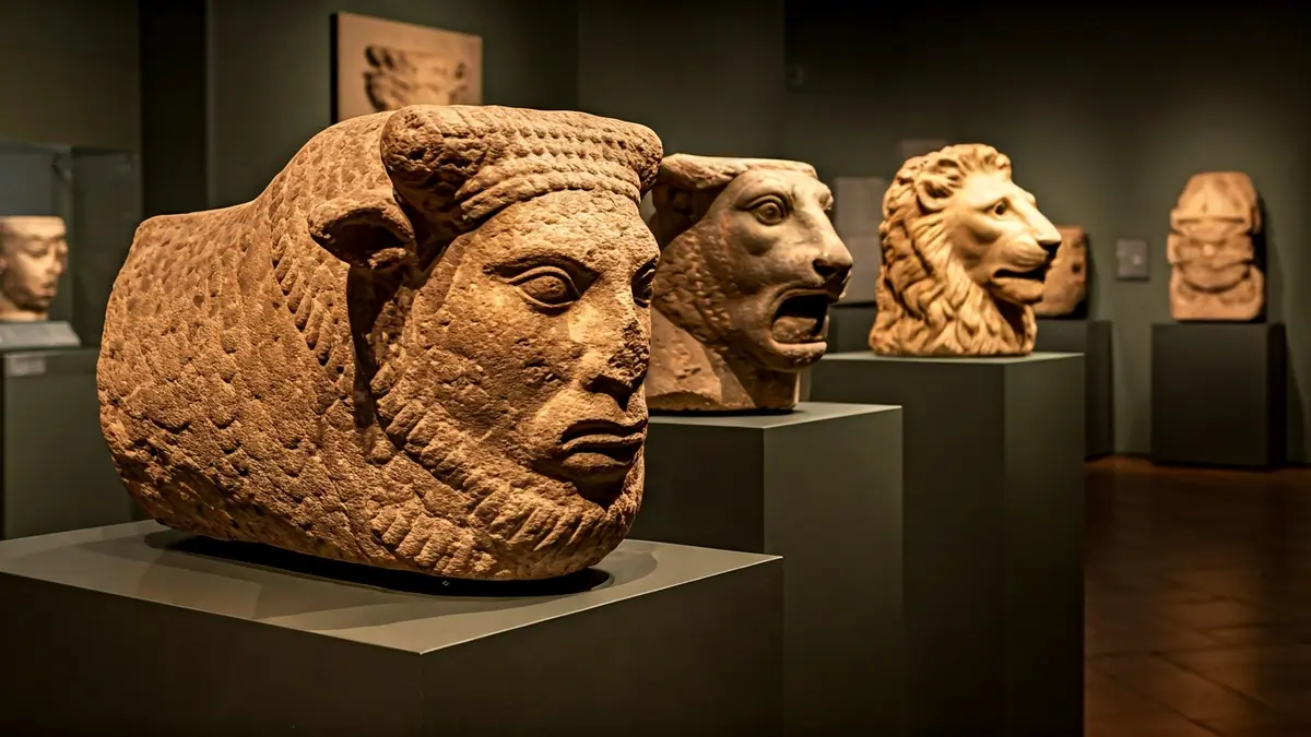 Image of archaeological artifacts, including representations of Tanit, a bull, and a lion's head, displayed in a museum.