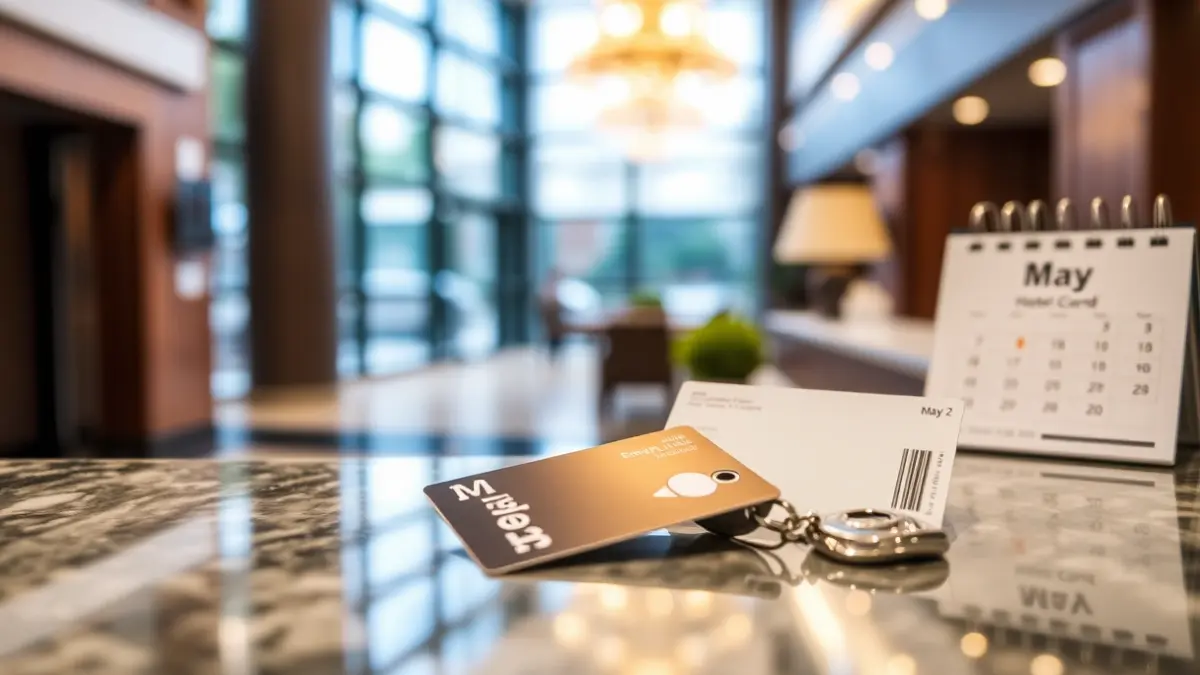 Imatge genèrica d'una targeta clau d'hotel sobre un taulell de recepció, amb un fons difuminat d'un vestíbul d'hotel modern.