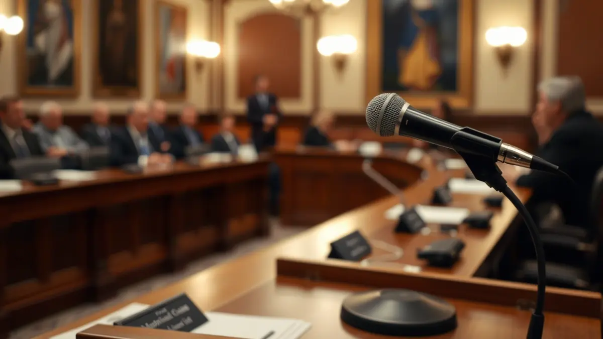 Generic image of a microphone on a podium during a municipal session.