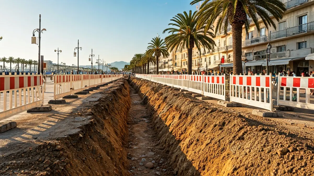 Imatge d'unes obres d'urgència en un passeig mediterrani, amb tanques de seguretat i una rasa.