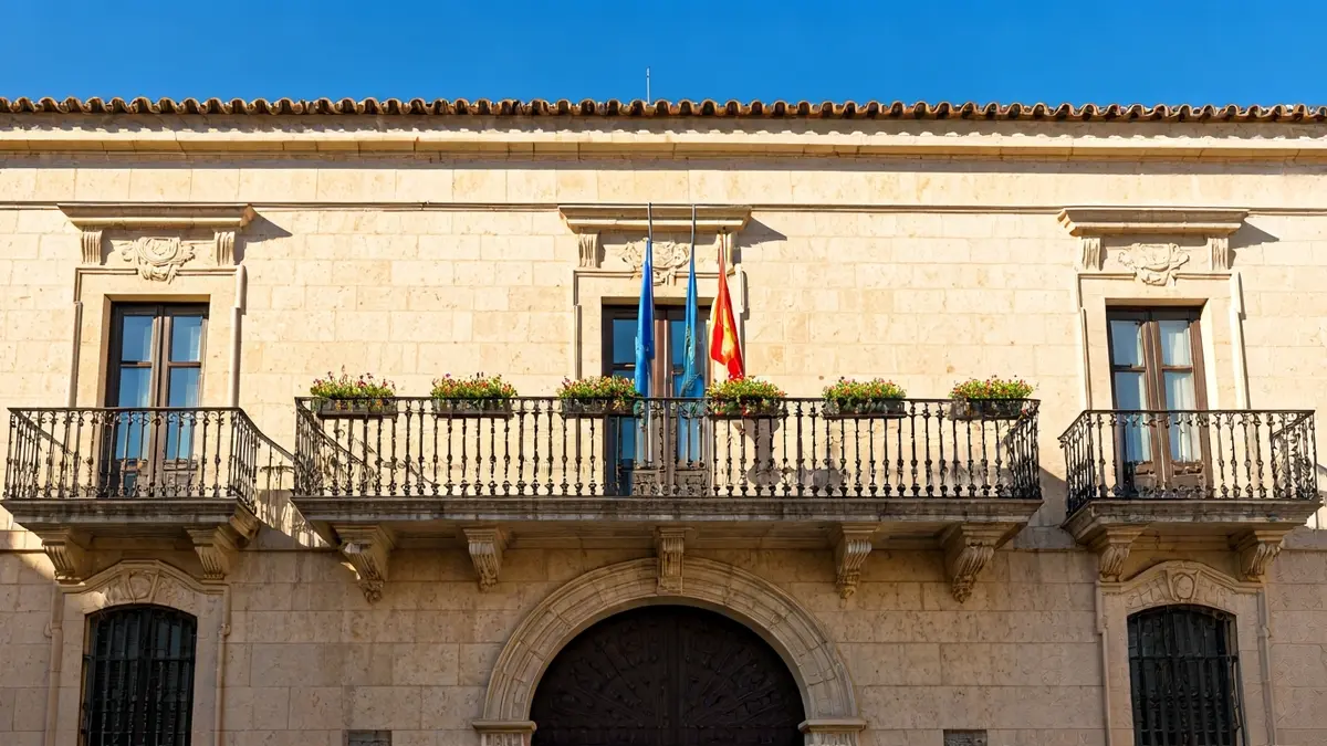Façana d'un ajuntament mediterrani amb balcó ornamentat i baranes de ferro, il·luminat per la llum càlida de la vesprada.