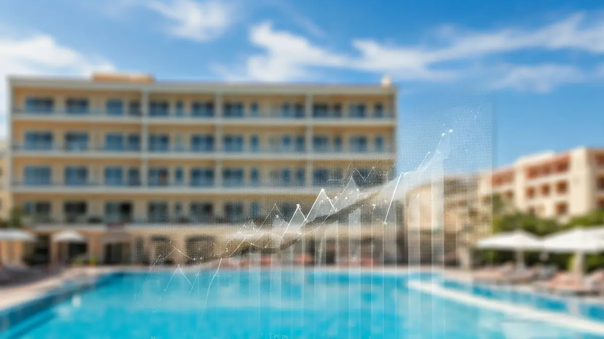 Imagen genérica de un gráfico de ocupación hotelera con hoteles al fondo.
