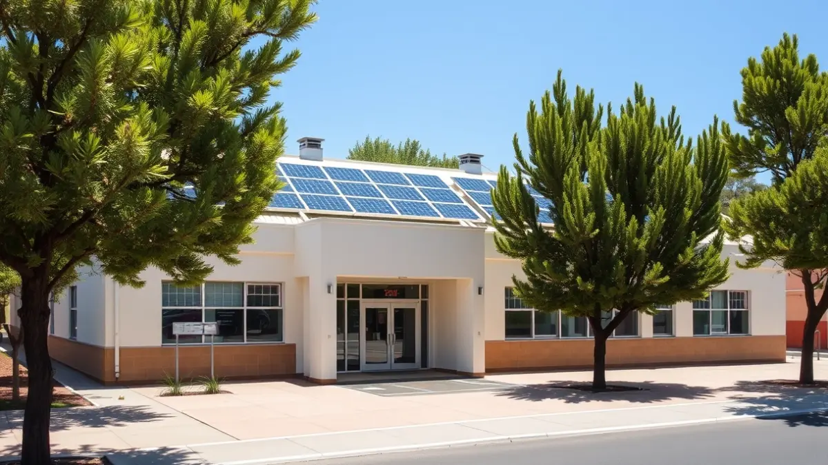 Image of a school facade with solar panels on the roof.