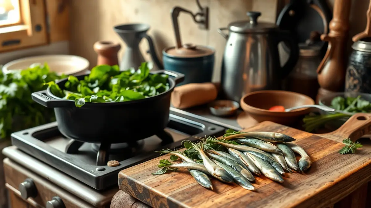 Image of a traditional Valencian kitchen with ingredients for rice with spinach and anchovies.