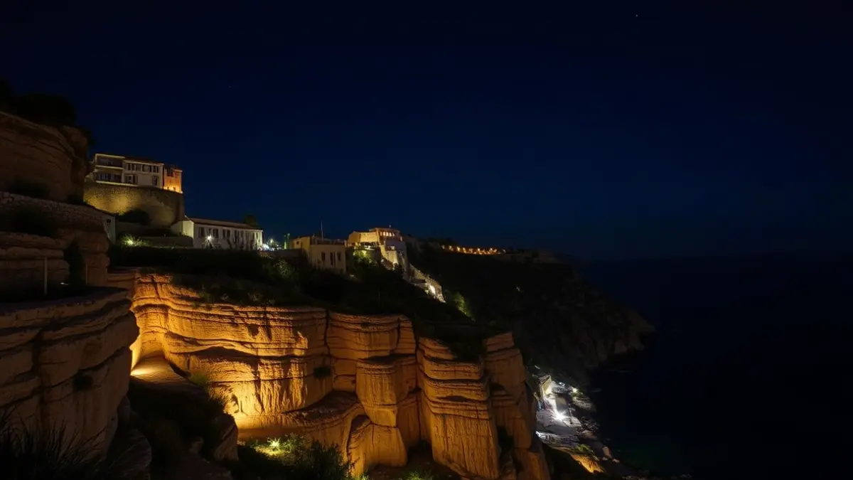 Imagen de la iluminación ornamental de un acantilado en una ciudad mediterránea de noche.