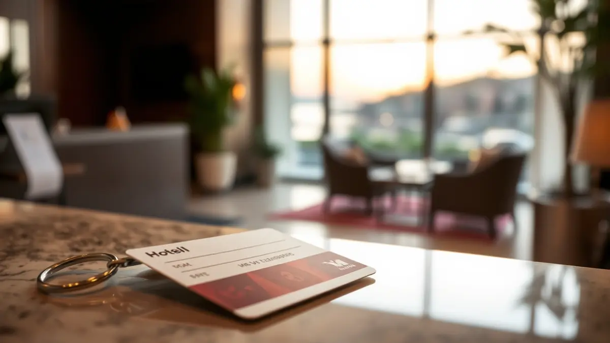 Imatge genèrica d'una targeta clau d'hotel en una recepció, amb un fons desenfocat d'un vestíbul d'hotel modern.