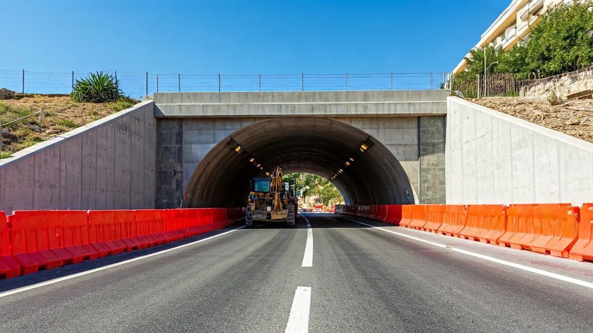 Imatge d'obres en un pas inferior amb barreres de seguretat i maquinària.