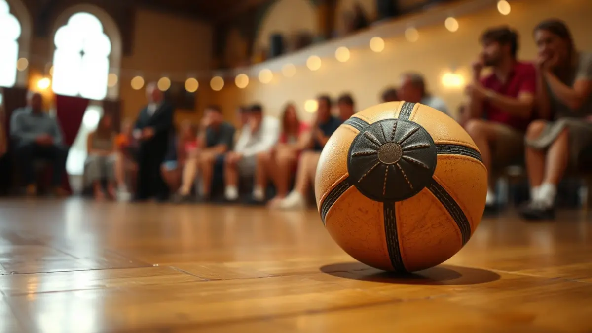 Image of a Valencian pilota ball in the Benissa trinquet, with blurred fans in the background.