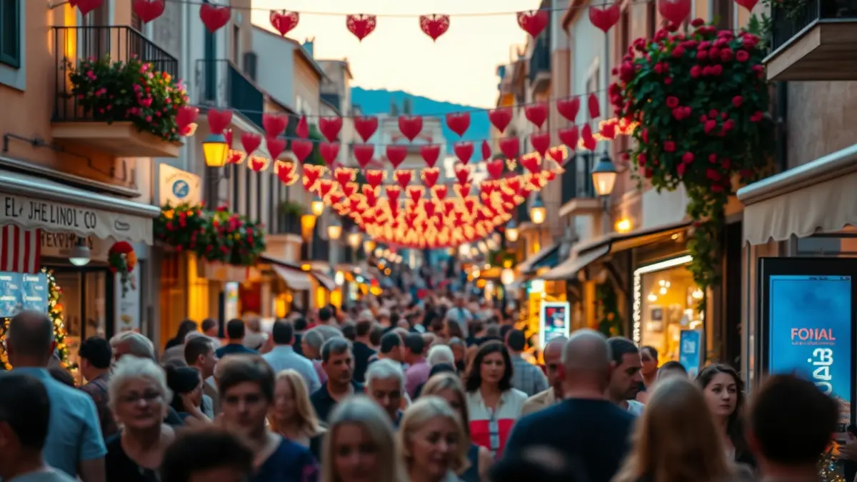 Generic image of a popular festival in a Mediterranean street with people and festive decorations.