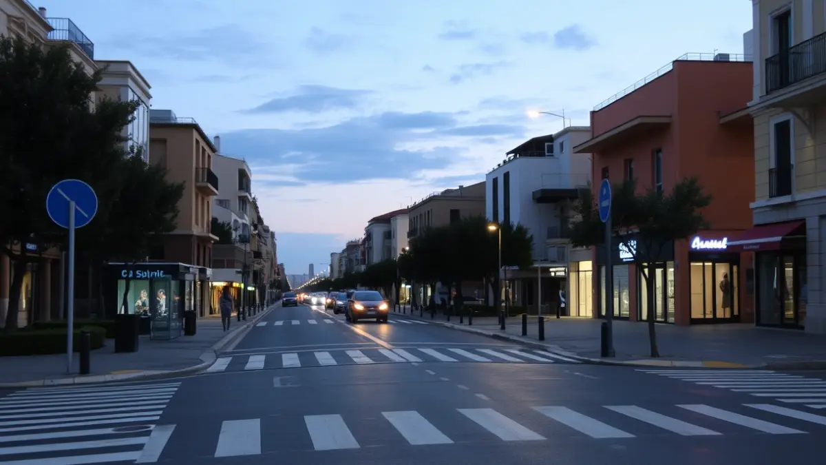 Imagen genérica de una calle moderna y bien iluminada en una ciudad mediterránea, con pasos de peatones claros y sin barreras, que transmite seguridad y accesibilidad.