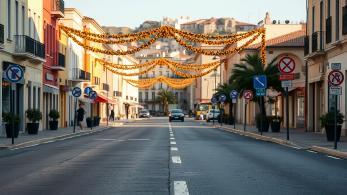Imatge genèrica de carrers buits en un centre urbà mediterrani amb senyals de trànsit i decoració festiva.