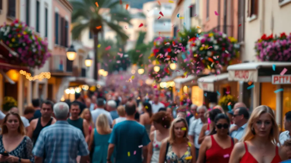 Imagen genérica de una fiesta popular con confeti y gente borrosa.