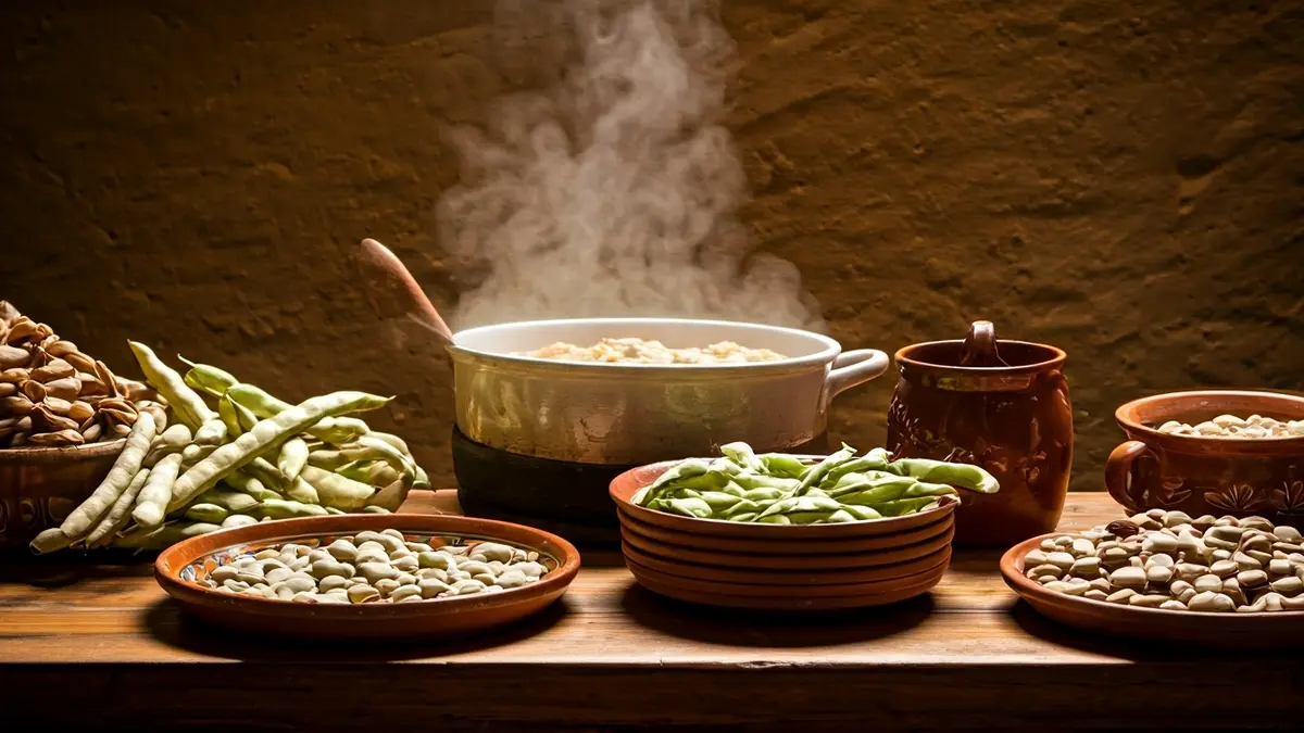 Imagen de un plato de arroz con haba pelada en un ambiente rústico.