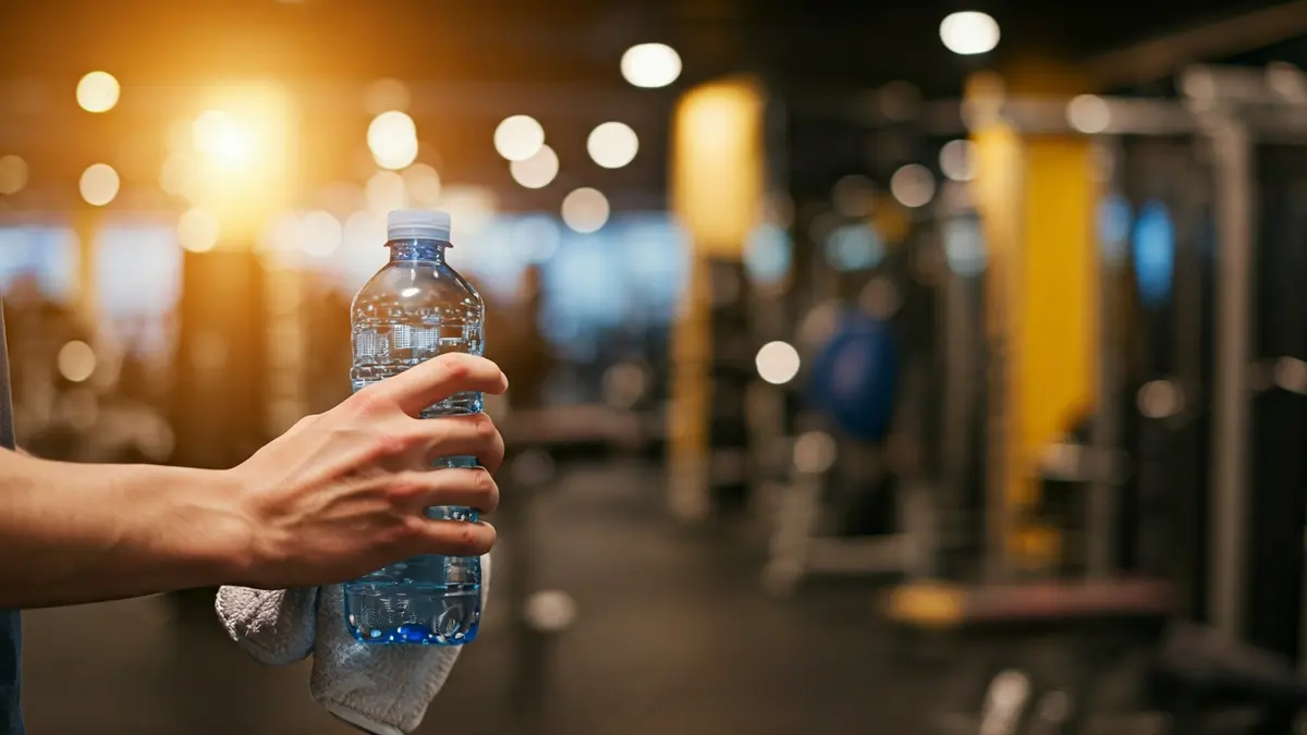 Generic image of hands holding a water bottle and a towel in a modern gym.