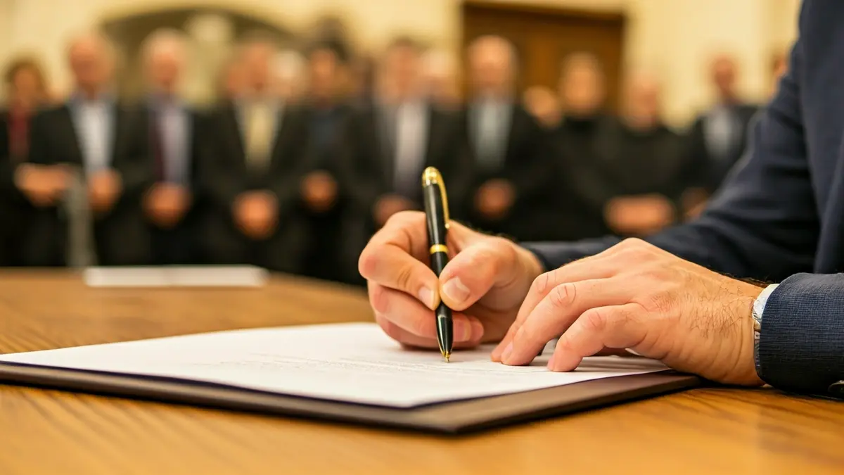 Generic image of hands signing a document, representing a political agreement or official process.