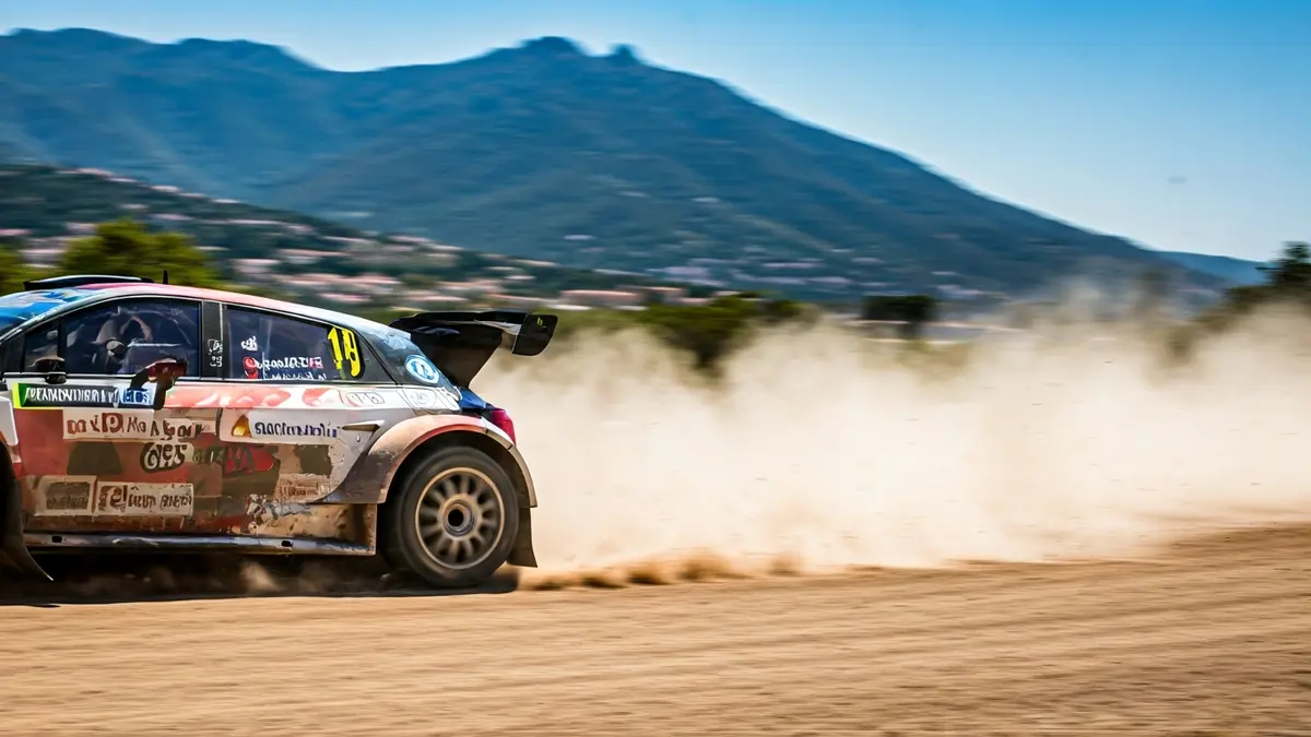 Imagen de un neumático de rally levantando polvo en una pista de tierra.