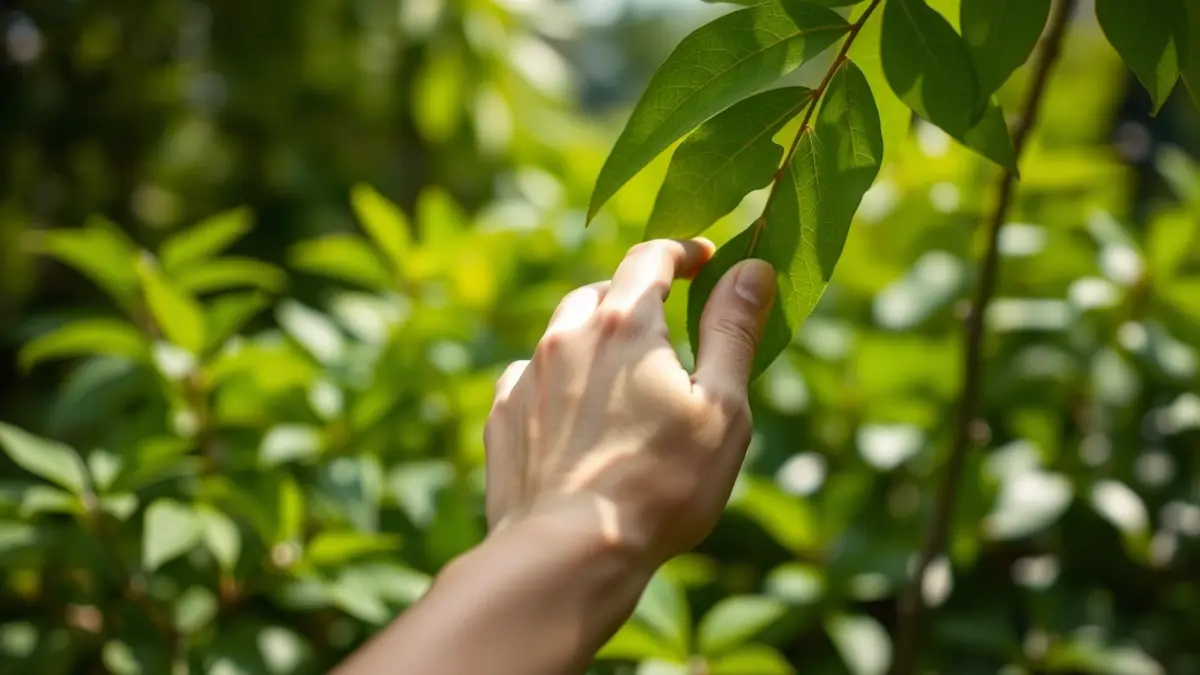 Generic image of a hand touching a green leaf, symbolizing human connection with nature.