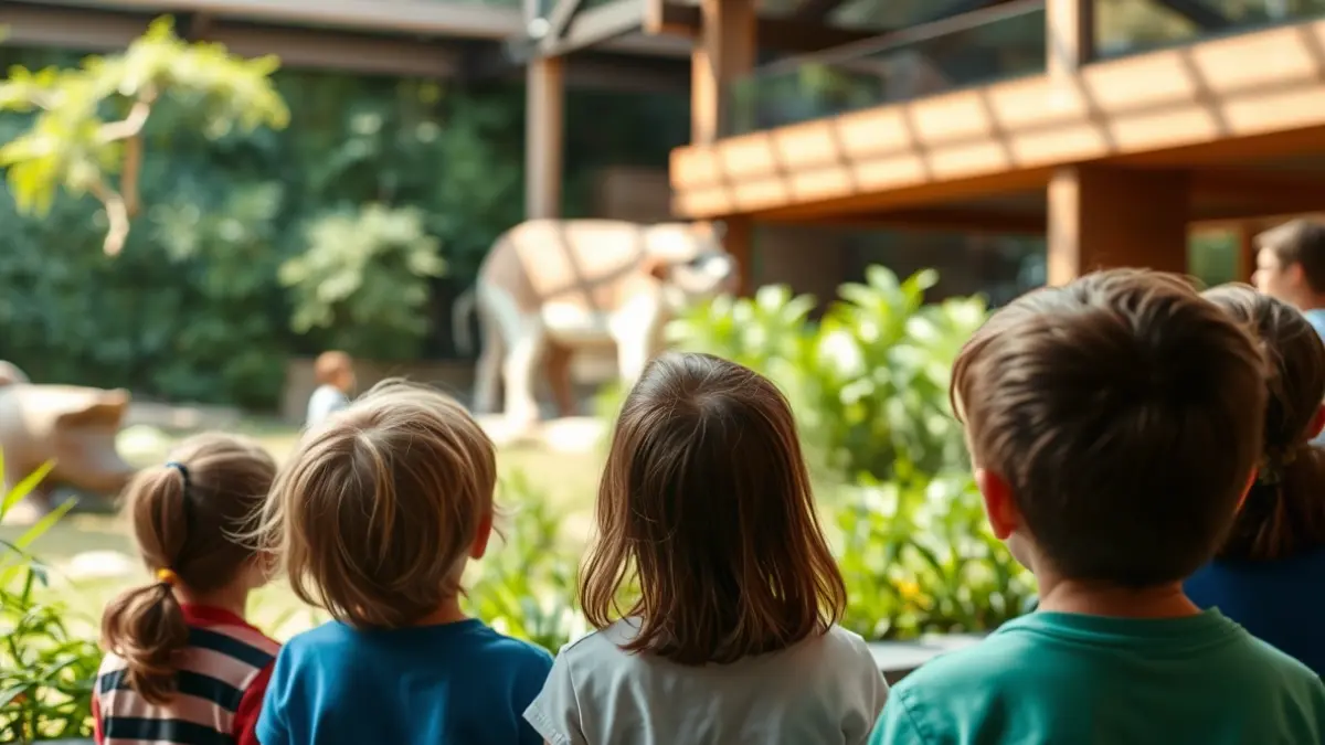 Imagen de niños observando animales en un zoológico, con vegetación y luz cálida.