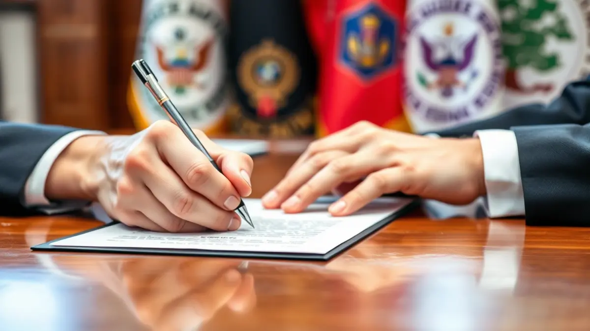 Imatge genèrica de mans signant un document oficial.