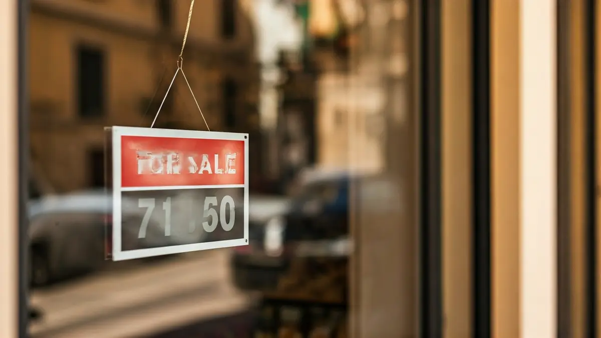 Imatge d'un cartell de 'Es ven' en la vidriera d'un comerç tancat a Castelló.