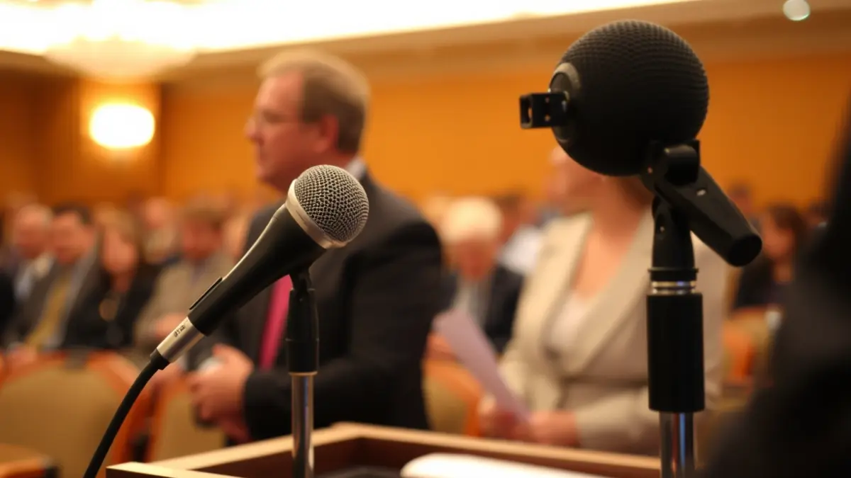 Generic image of a microphone on a podium, symbolizing a public debate or interview.