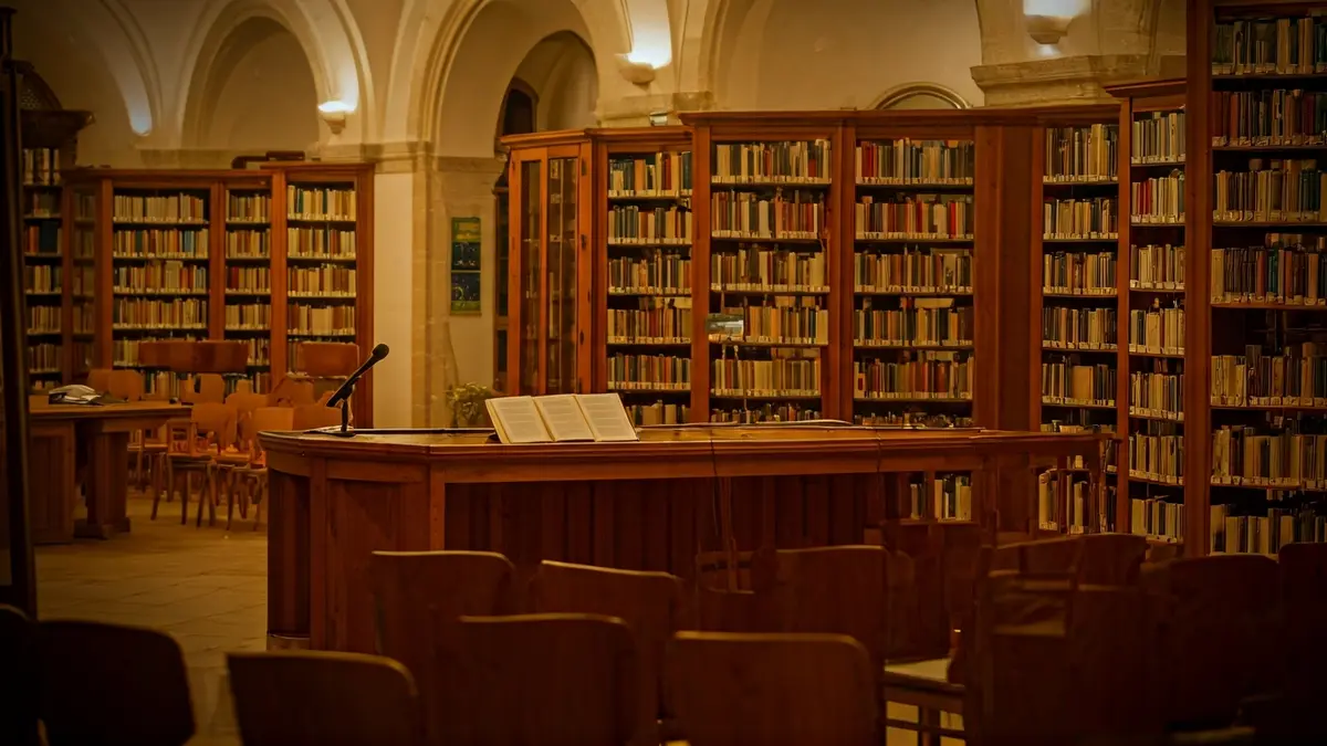 Generic image of a cultural presentation space with a microphone and chairs.