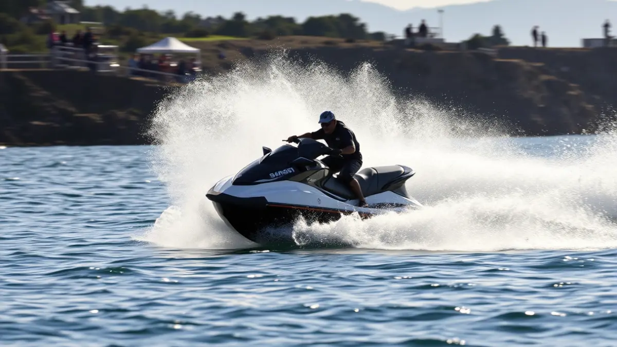 Image of a jet ski racing, with water splashing and the coastline in the background.