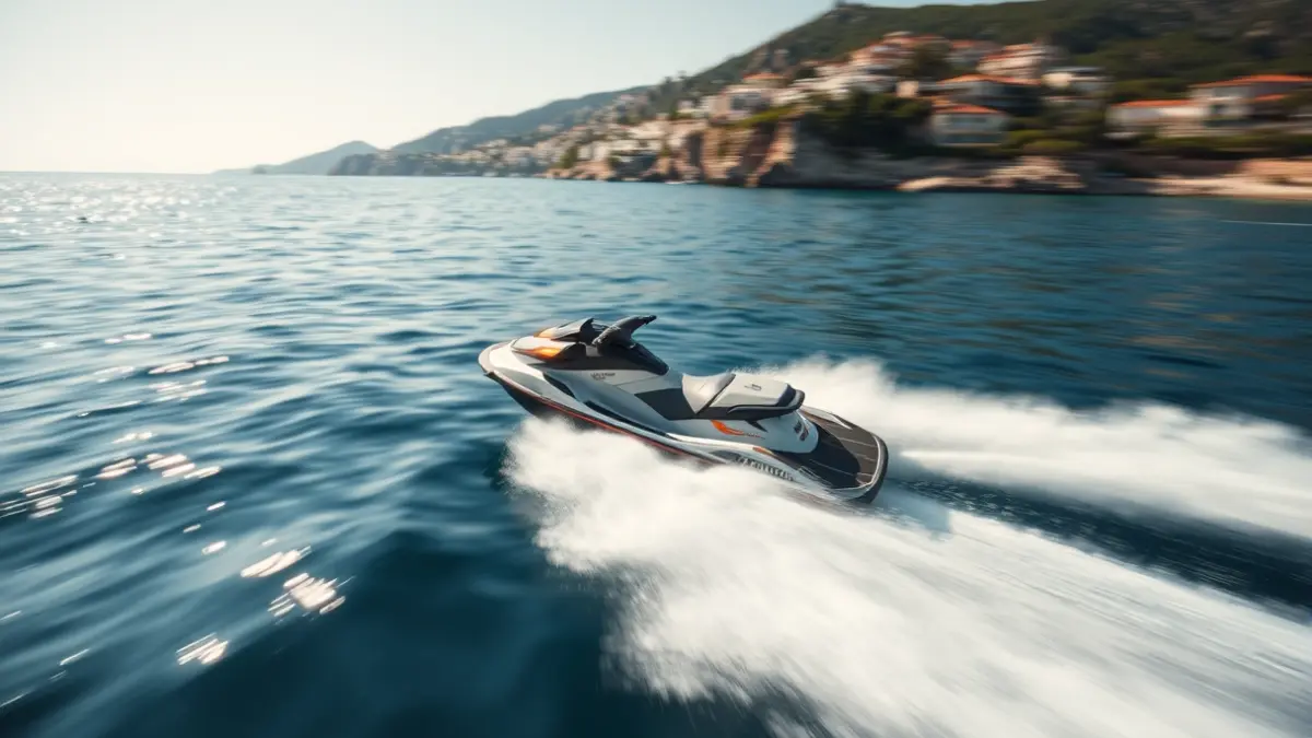 Imagen genérica de una moto de agua en plena carrera sobre el mar, con la costa mediterránea de fondo.