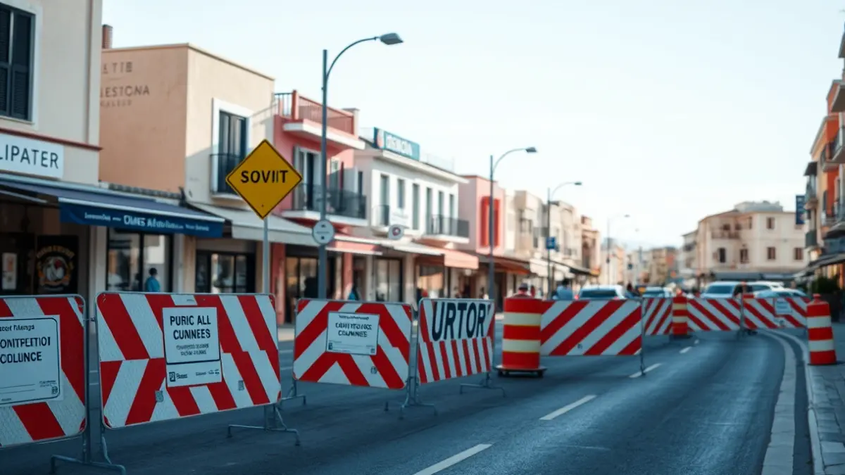 Imagen de unas obras en una calle de una ciudad mediterránea, con vallas y señales de construcción.