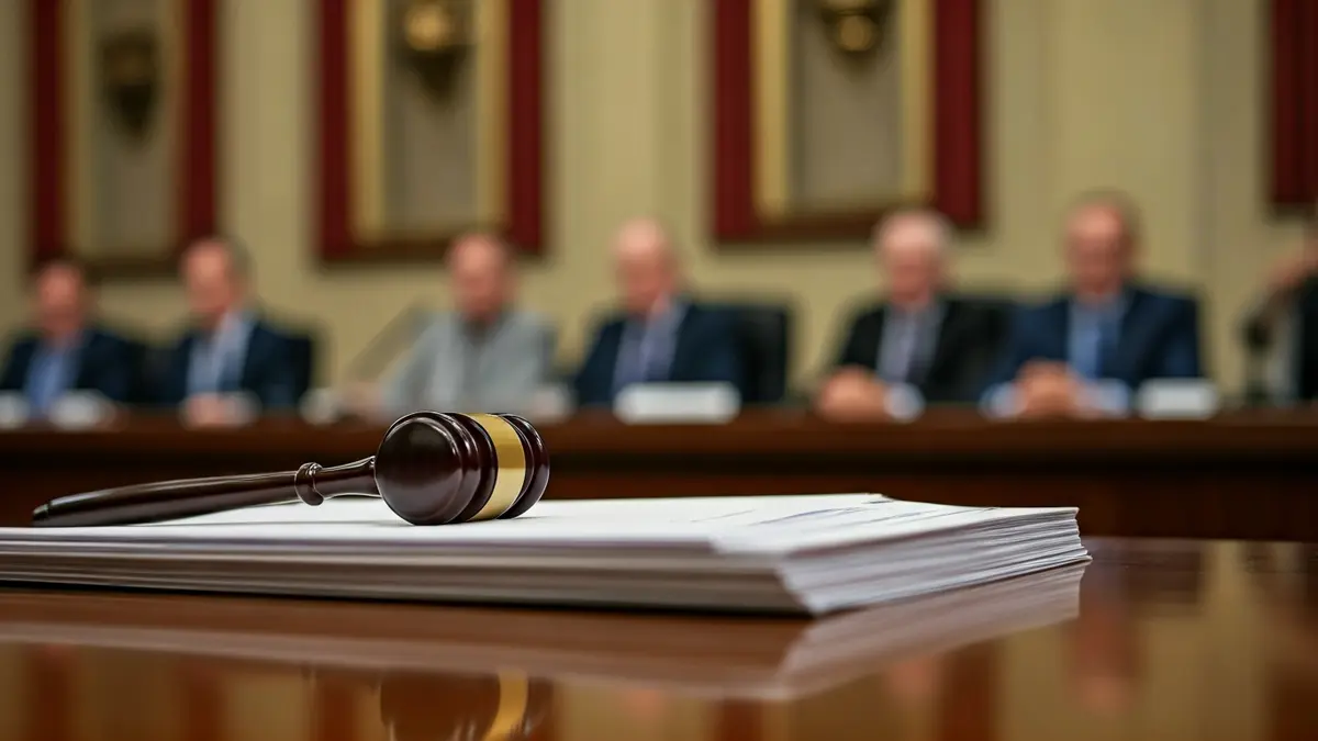 Imagen genérica de un mazo de juez sobre documentos oficiales en una mesa de conferencias.