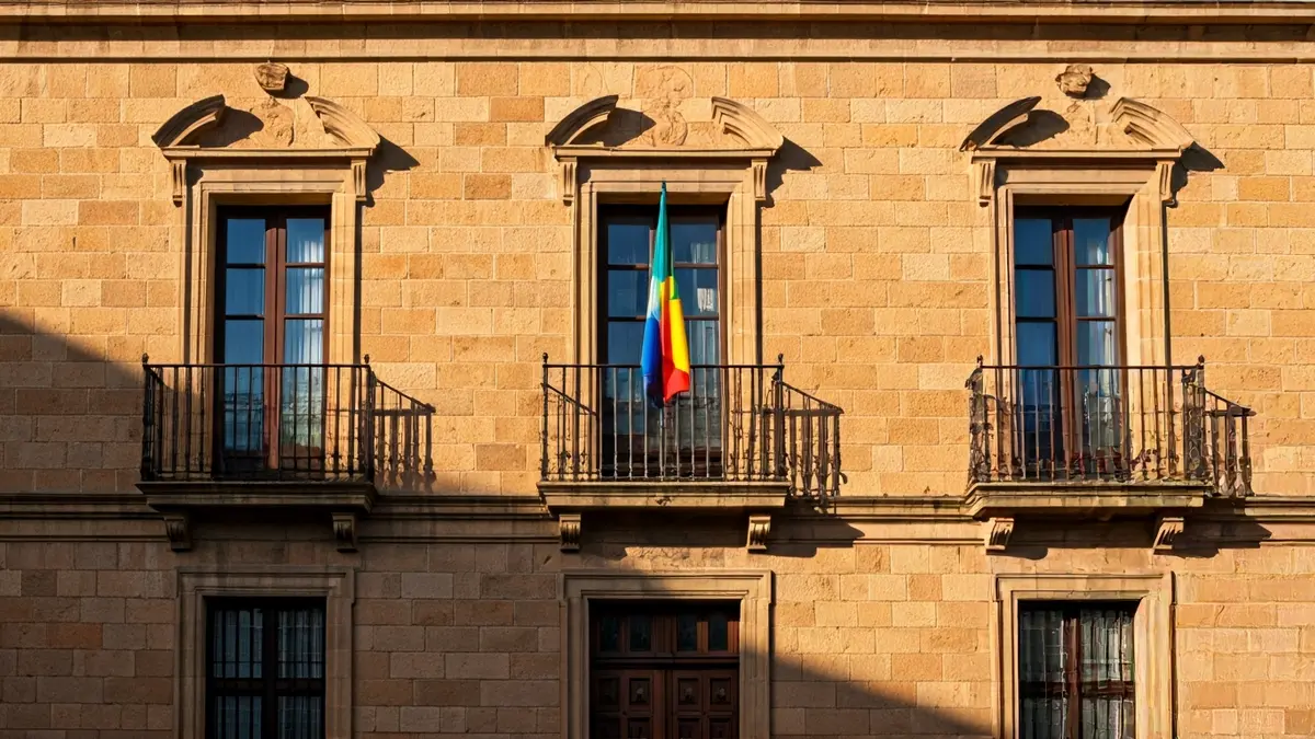 Façana de l'ajuntament de Borriana amb balcons de ferro forjat i llum solar.
