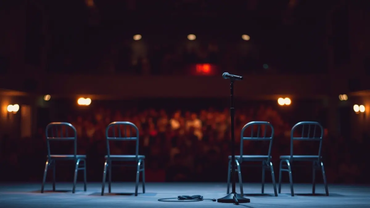 Imagen genérica de un escenario con un micrófono y sillas vacías, con una iluminación suave y cálida.