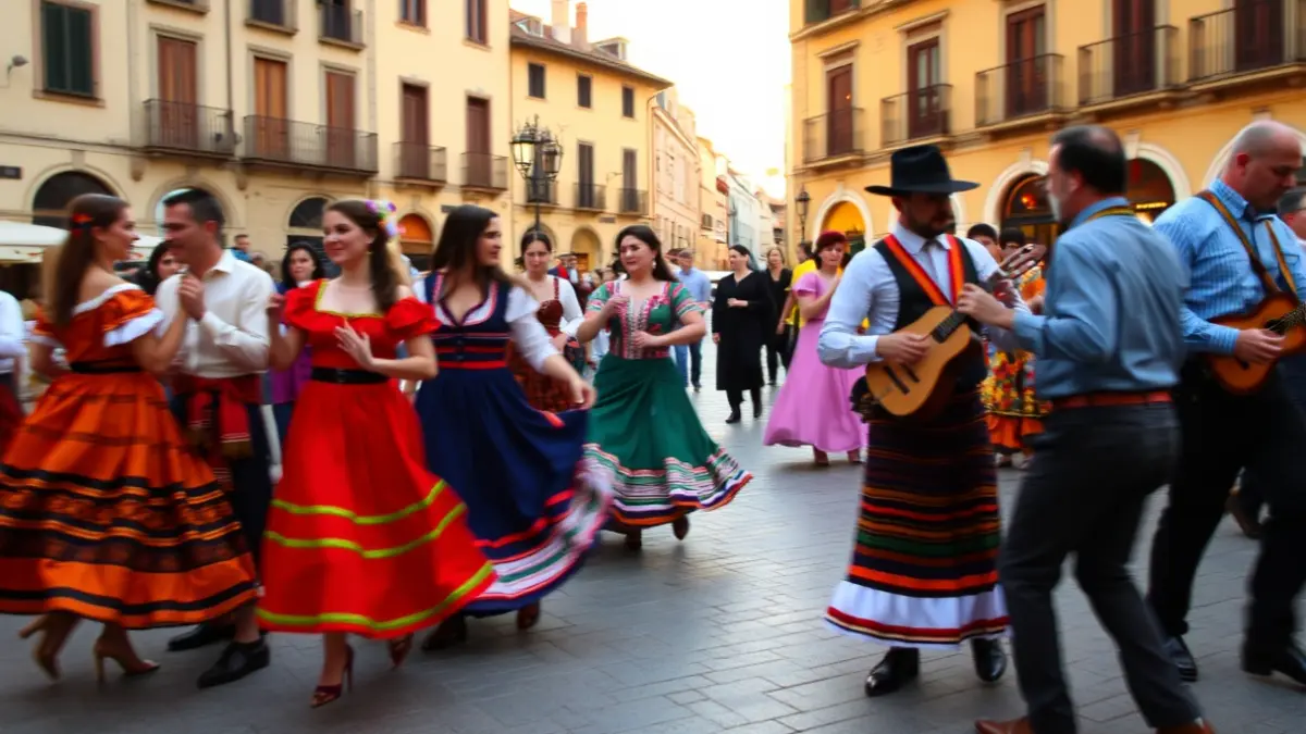 Image of a traditional Valencian dance in a square, with musicians and dancers.