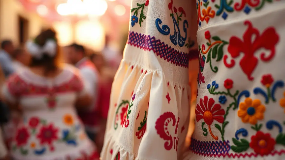 Image of a fallera dress, with embroidery and vibrant colors, in a festive atmosphere.