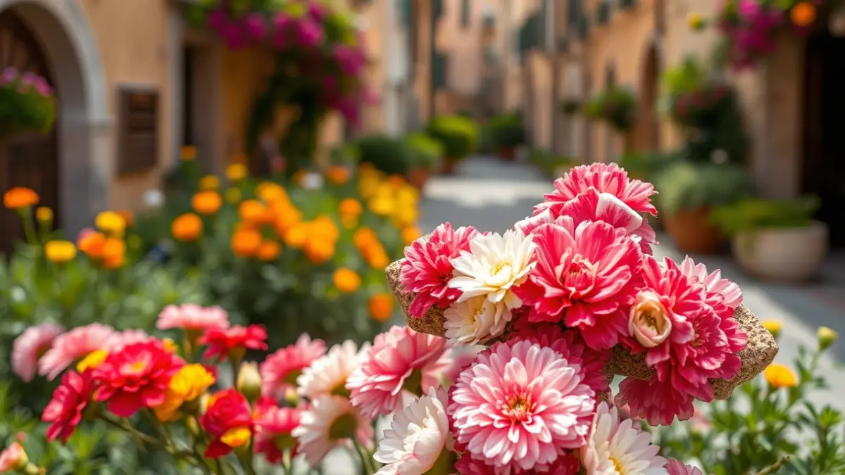Image of a floral cross made of carnations and other flowers, surrounded by green plants, on a Mediterranean street.