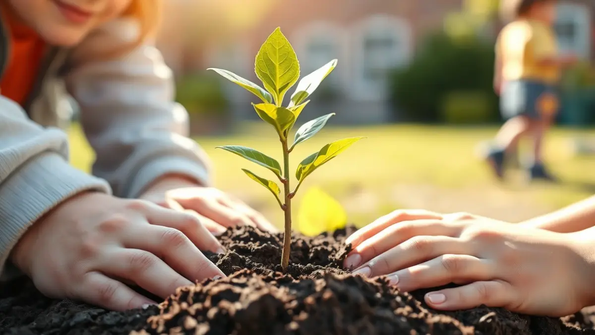 Imagen de un árbol joven siendo plantado en tierra, simbolizando la unión y el crecimiento.