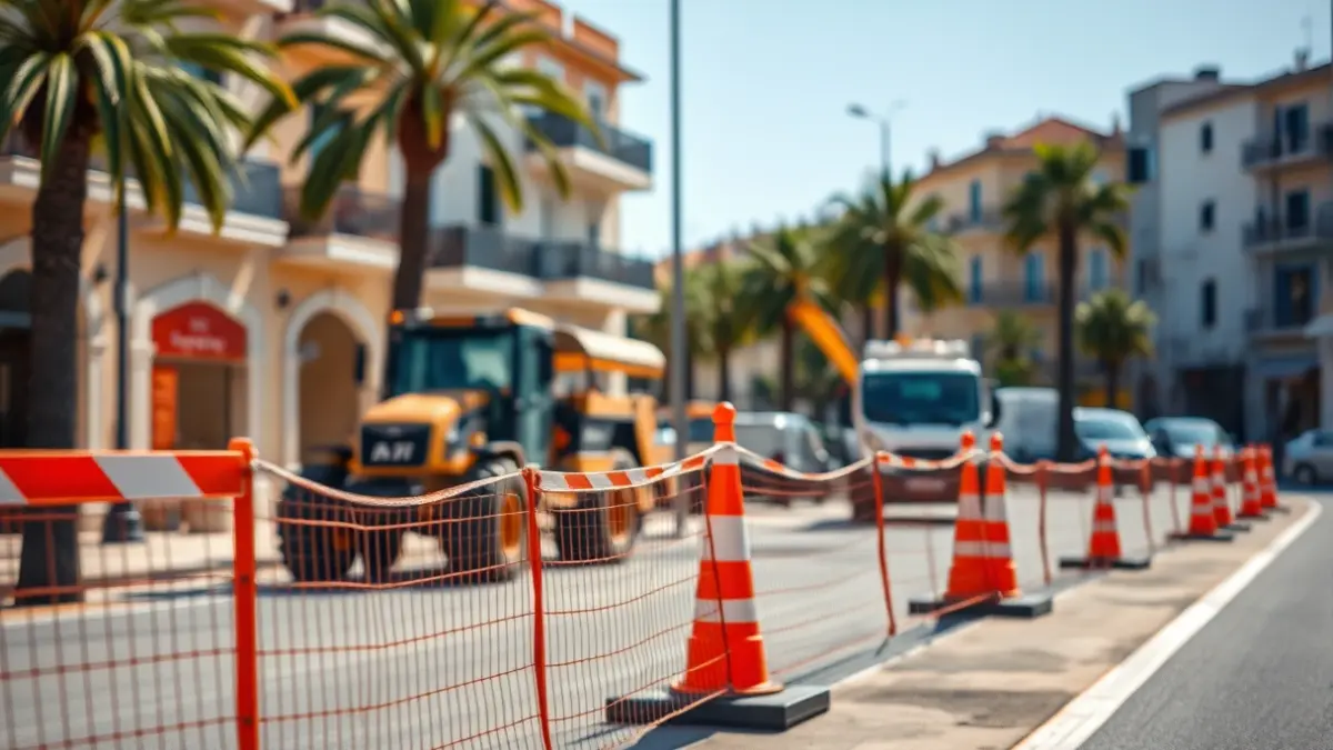 Imagen genérica de obras en una calle de Burriana, con barreras de seguridad y maquinaria.