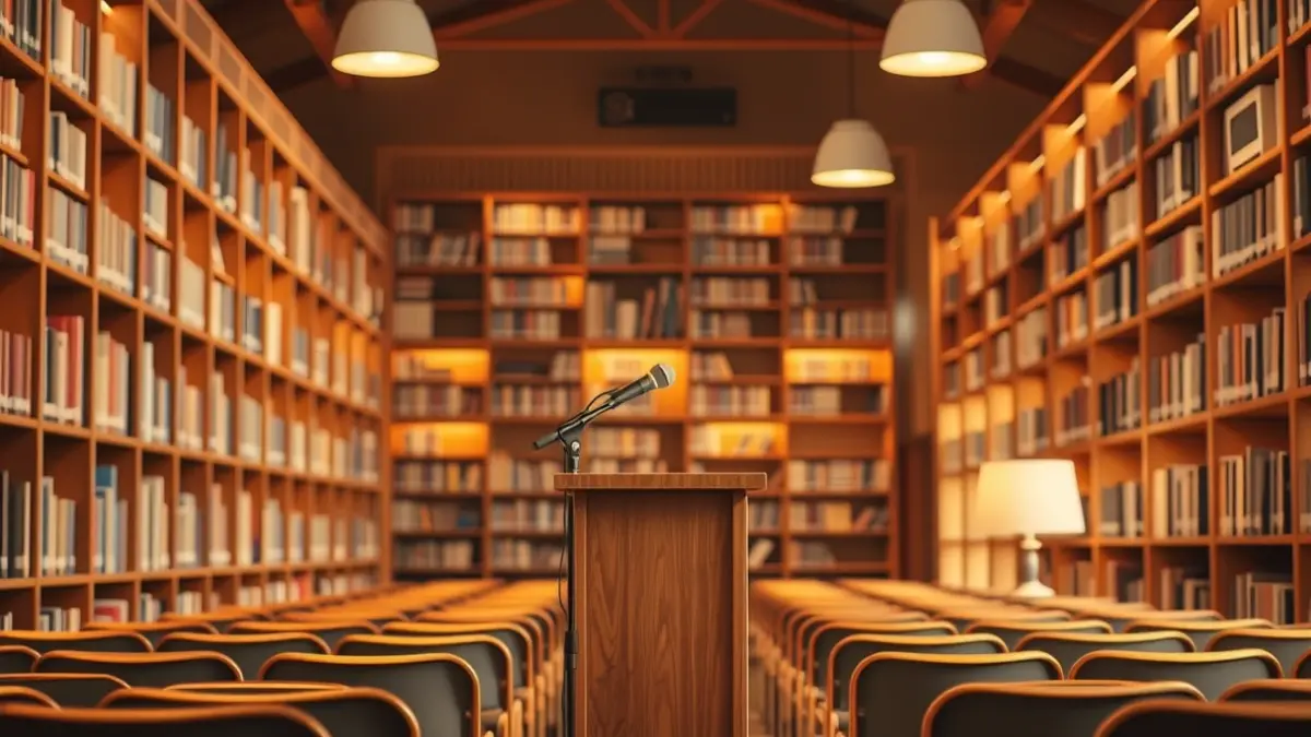 Generic image of a library interior with wooden bookshelves and a cozy atmosphere.